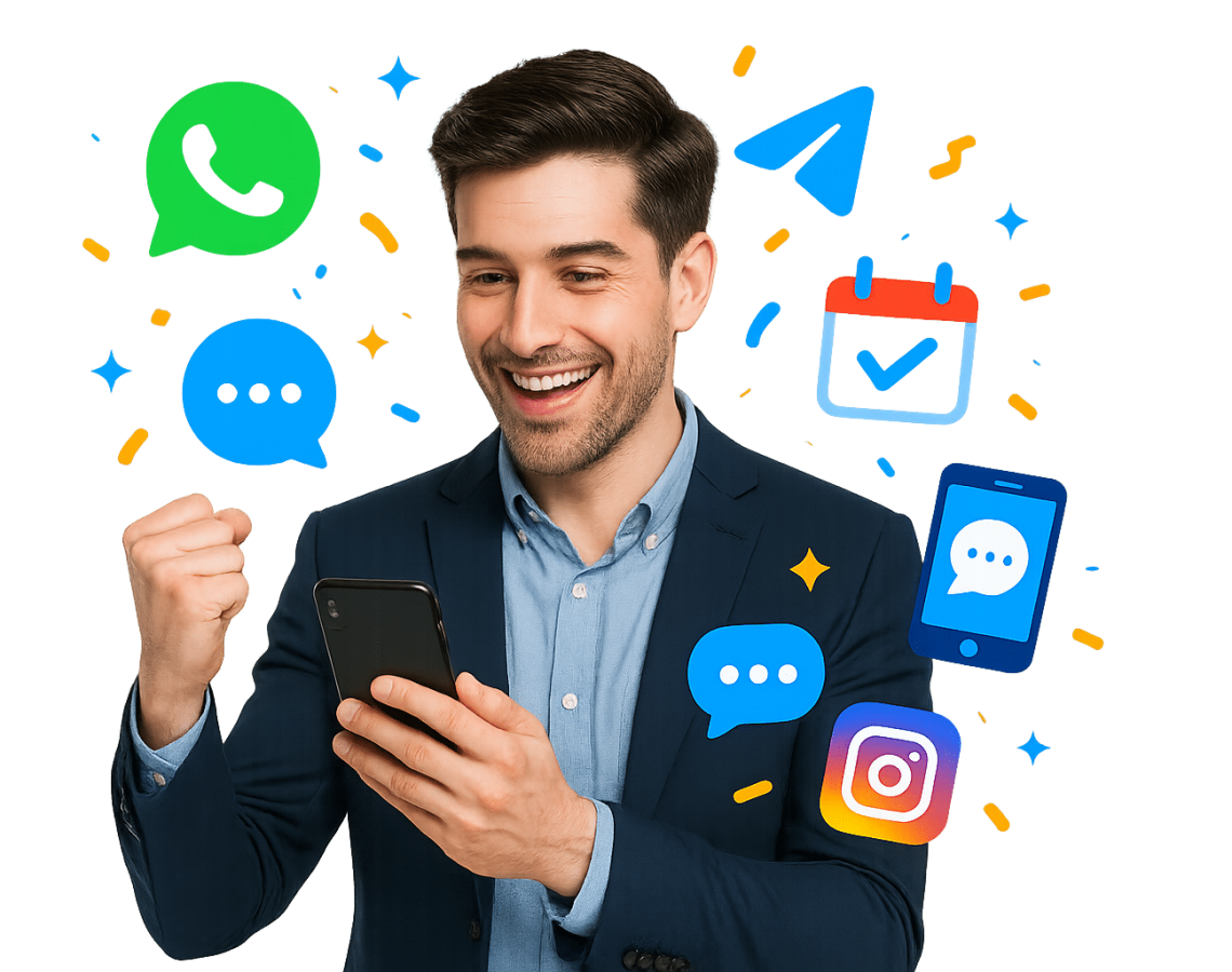 Adelaide AI app chatbot replying on WhatsApp, Instagram and Telegram—collecting details and booking a time.